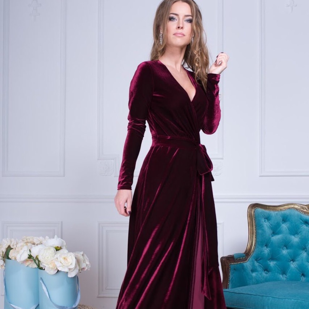 NEW! Marsala Long Sleeve Velvet Wrap Maxi Dress